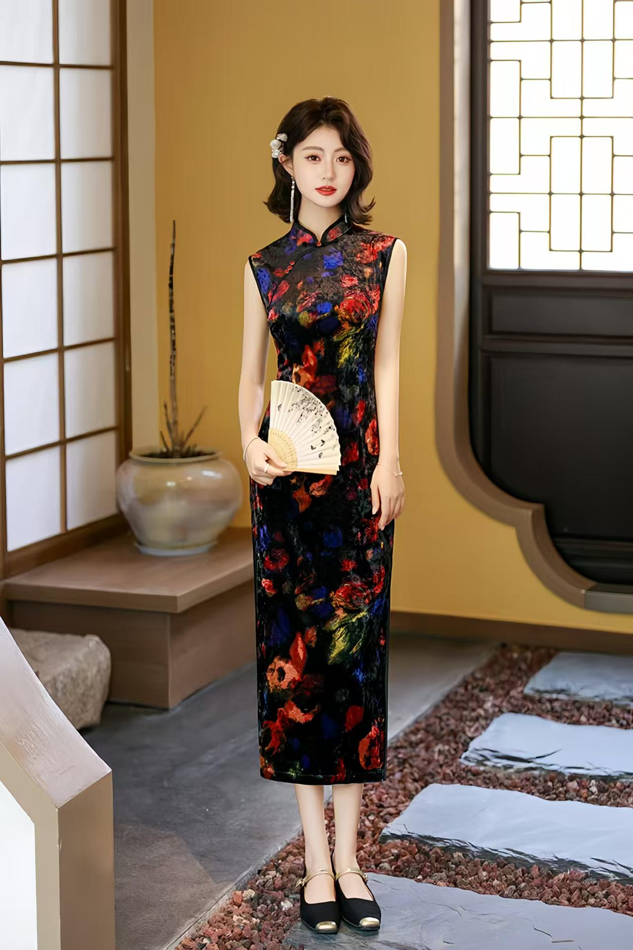 Velvet Qipao Sleeveless Dress, Black Cheongsam Evening Dress, Oil Painting Floral Chinese Dress, Artistic Oriental Style