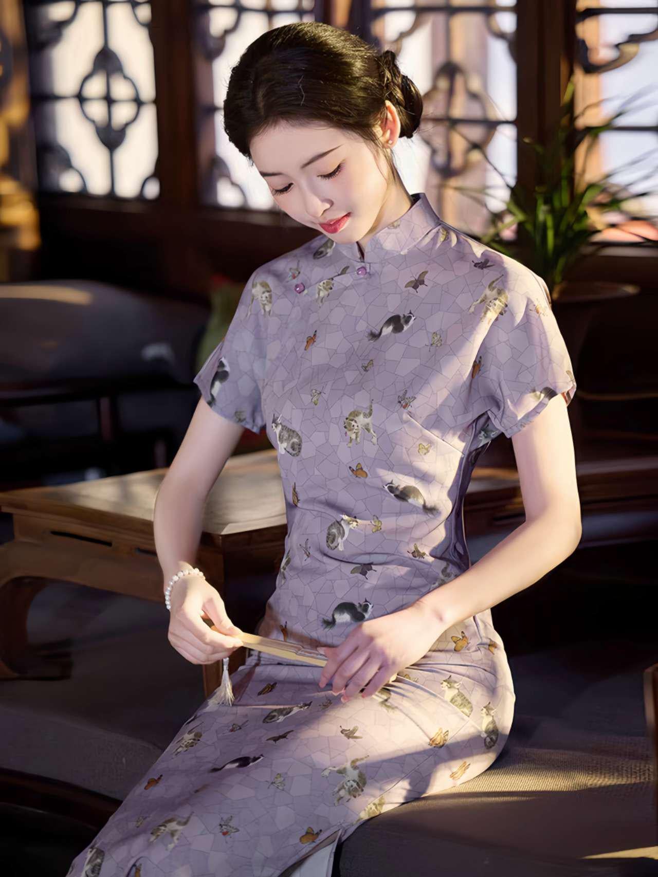 Cheongsam de Gato Morado, Qipao Chino Vintage, Regalo para Ella, Vestido  de Té, Vestido Asiático Artístico, Qipao Elegante y Divertido