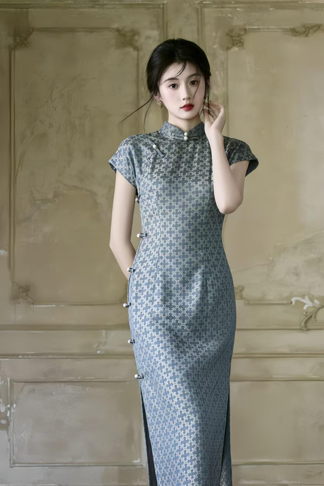 Jacquard Qipao Cheongsam, Elegant Mandarin Collar Dress, Vintage Chinese Dress, Slim Fit Party Dress, Blue Formal Dress, Gift