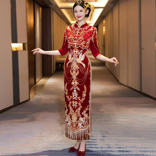 Luxurious Wedding Dress, Phoenix Gold Embroidered Qipao, Red Satin Cocktail, Wedding Reception Attire, Embroidered Qipao, Vintage