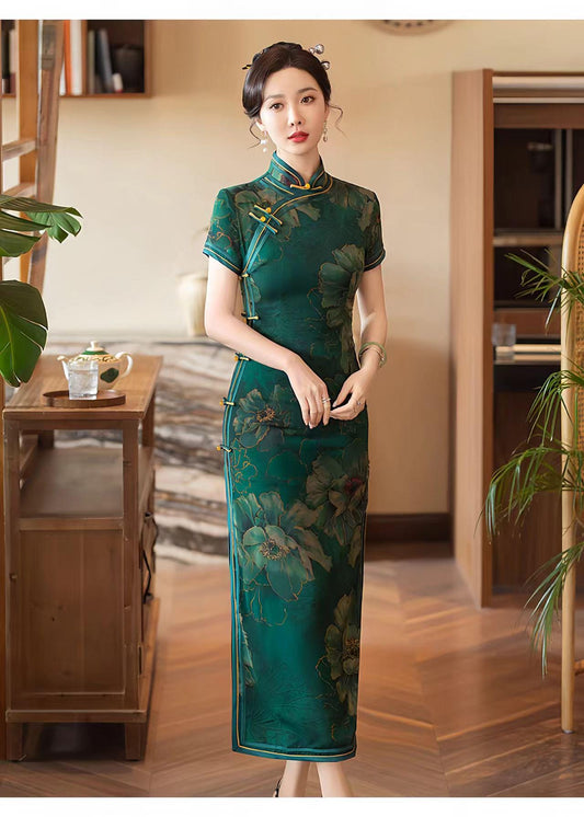 Vestido Cheongsam Verde, Vestido Chino Vintage, Vestido de Ceremonia de Té, Vestido de Noche, Vestido Estilo Dinero Viejo, Ceremonia del Té