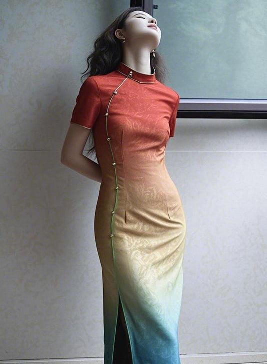 Vestido Qipao Degradado | Elegante Cheongsam Chino | Vestido Mandarín Vintage | Vestido Largo Tradicional Chino