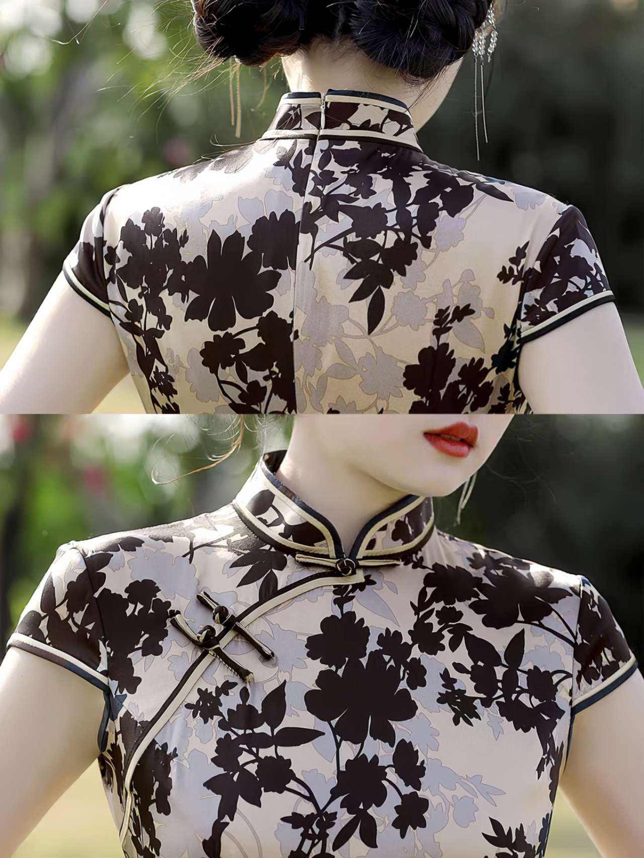 Vestido Qipao Vintage de Seda, Cheongsam Retro para Mujer,Vestido Negro y Dorado, Elegante Vestido Estilo Tang,Vestido para Ceremonia del Té