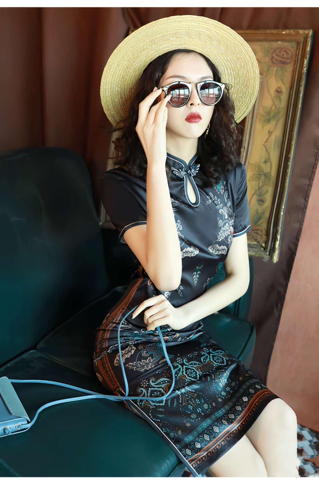Qipao corto de seda negra, Vestido retro Cheongsam,Elegante vestido asiático de cóctel, Cheongsam Moderno, Vestido chino de verano, S-4XL