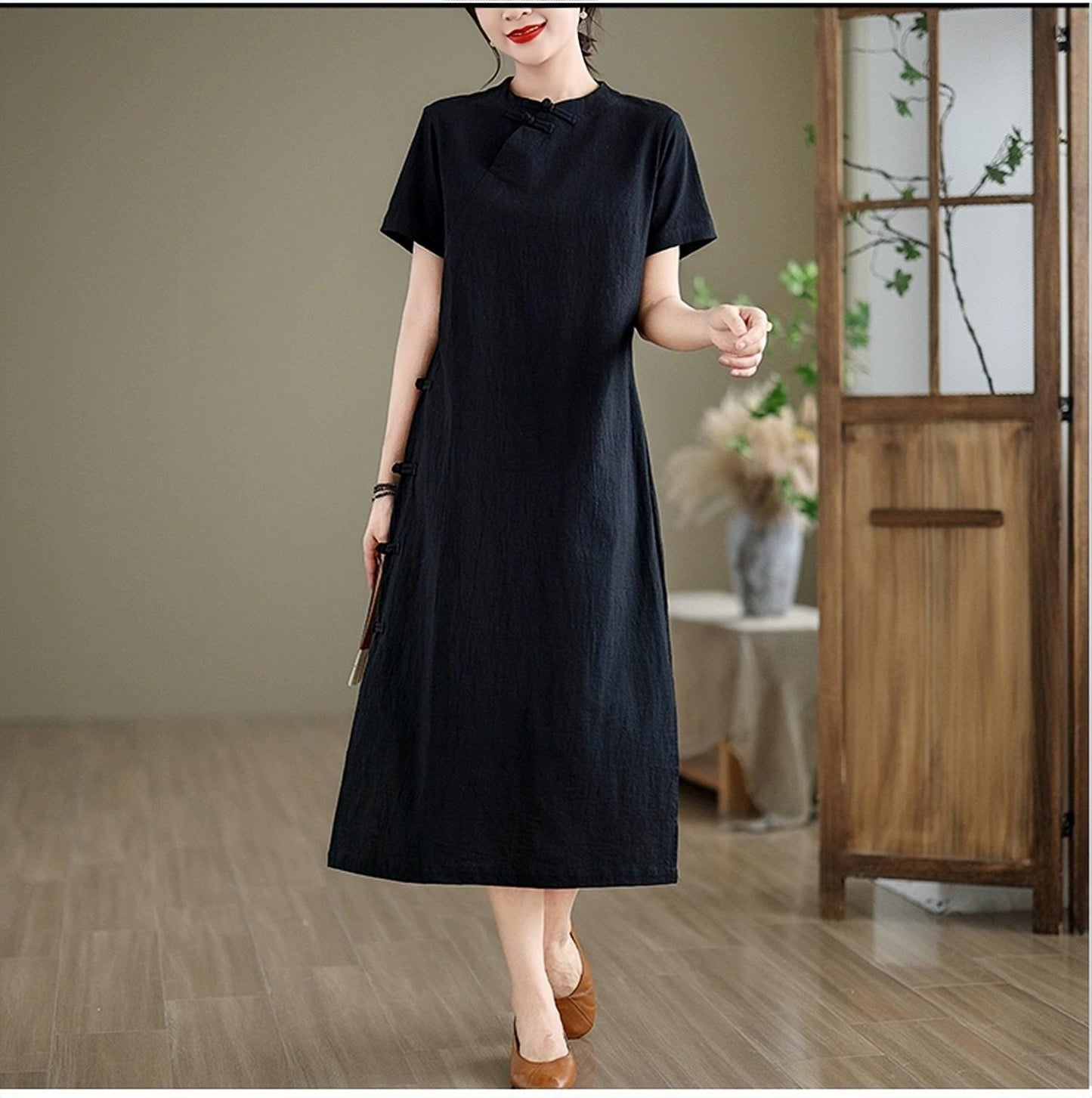 Zen Linen Dress, Japanese Style Dress, Black Cotton Midi Dress, Wabi Sabi Minimal Dress, Vestido de Tejido Natural, Vestido Suelto,vintage