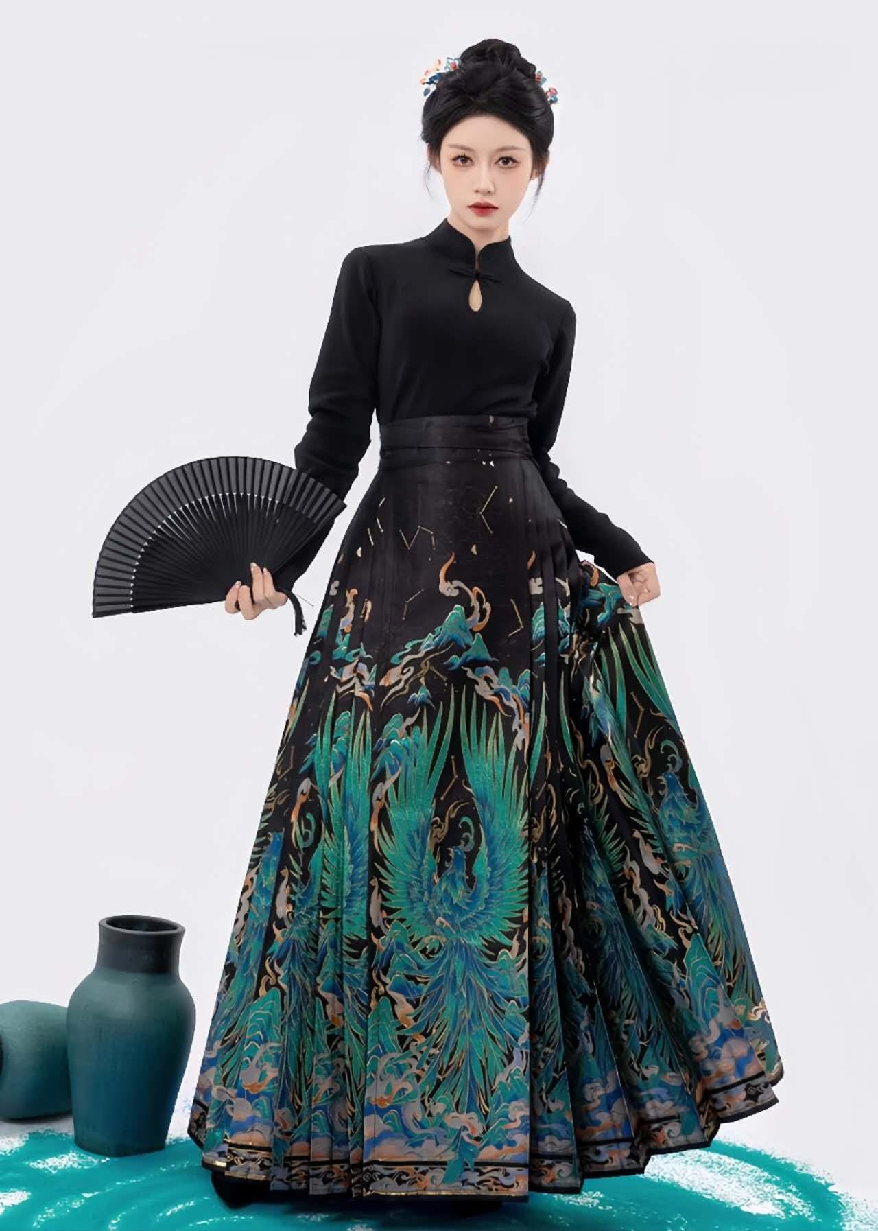 Falda Hanfu Pájaro Mítico, Maxi Falda China, Falda Plisada Cintura Alta, MaMianQun Estampada,Elegante Conjunto Festival,Hanfu Estilo Antiguo