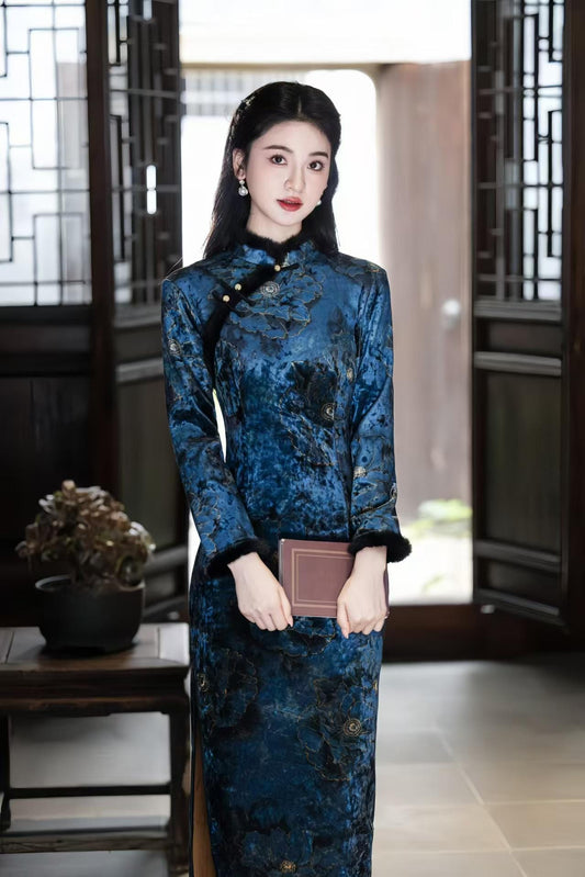 Blue velvet qipao with peony print, long-sleeved winter cheongsam with pearl frog buttons, autumn dress, gift