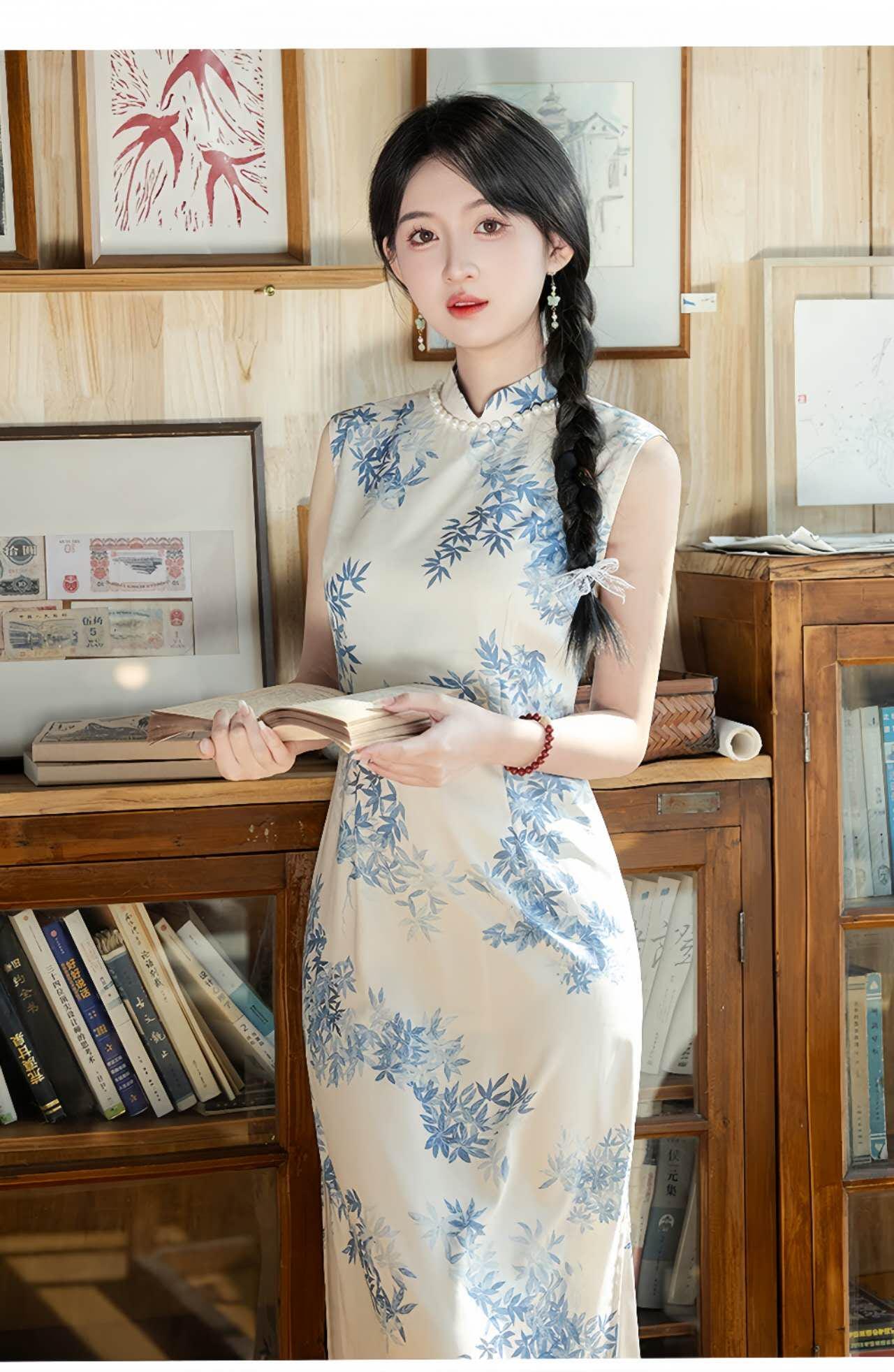 Lino de seda Vestido Cheongsam, Azul Blanco Bambú Qipao, Elegante Vestido de Té Chino, Clásico Estilo Oriental Librería,regalo para ella