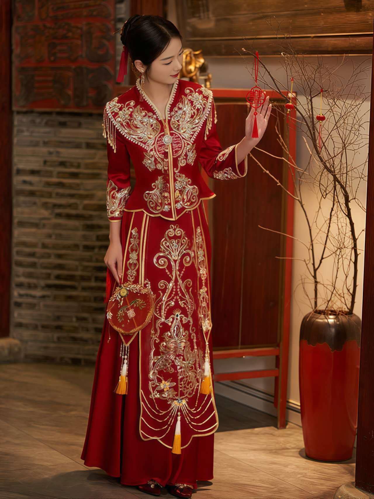 Vestido Chino Rojo Real, Vestido Tradicional Qun Kwa, Traje de Novia Cheongsam Vintage, Ceremonia de Té de Boda, Look de Compromiso Chino