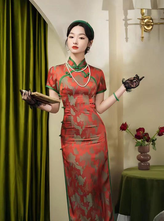 Qipao Brocado rojo, Elegante Cheongsam,Qipao Primavera Verano, Vestido Formal Oriental, Vintage,Cheongsam Invitada de Boda,Ceremonia del Té