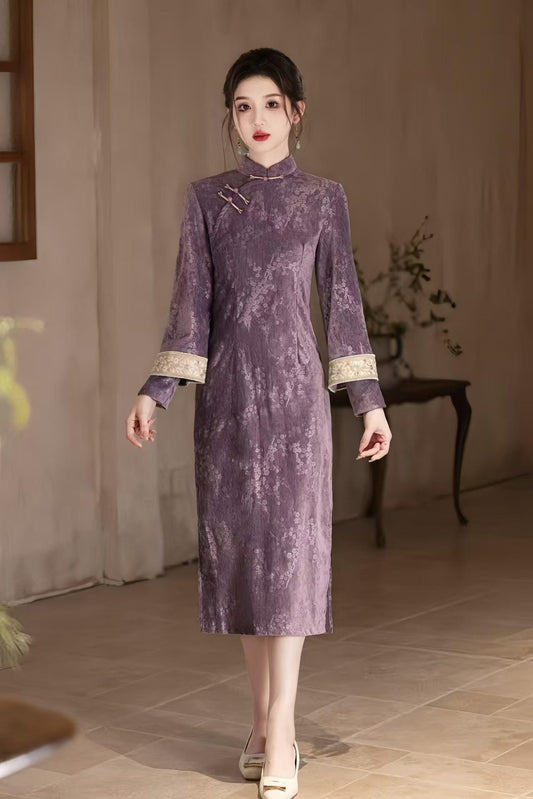 Purple Chenille Qipao, Plum Blossom Print Cheongsam, Vintage Chinese Dress, Elegant Oriental Dress, Luxury Retro Costume