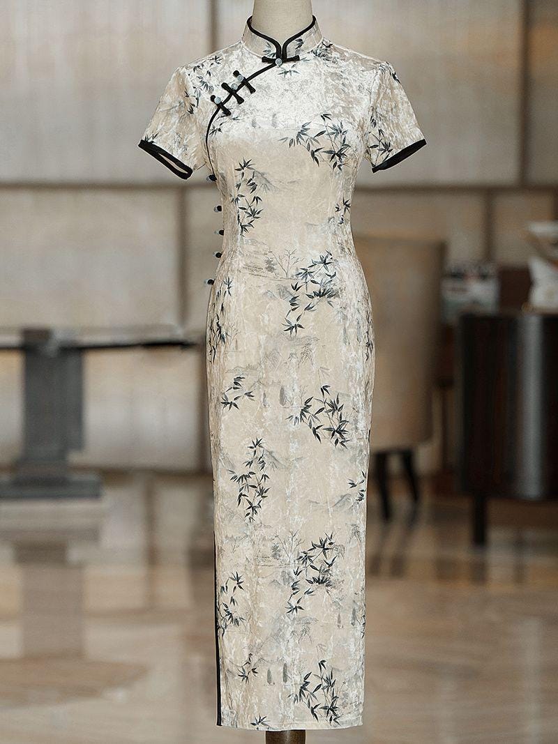 Vestido Qipao de Terciopelo con Bambú,Cheongsam Chino Elegante, Vestido Tradicional Oriental, Manga Corta, regalo para novia