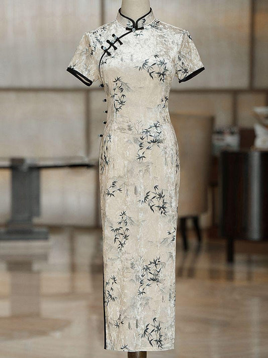 Vestido Qipao de Terciopelo con Bambú,Cheongsam Chino Elegante, Vestido Tradicional Oriental, Manga Corta, regalo para novia