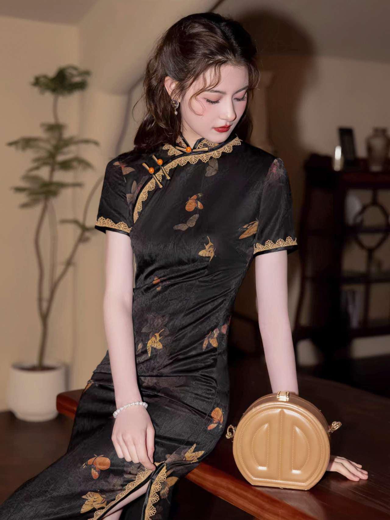Vestido Qipao Negro, Vestido Cheongsam Vintage,Vestido Chino de Encaje,  Elegante Traje Oriental,Vestido Estampado Mariposa,Ceremonia del Té
