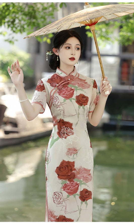 Qipao Estilo Francés, Cheongsam Rosa Floral,Vestido Romántico de Jardín, Qipao de Satén Brocado, Vestido Artístico Femenino,regalo para ella