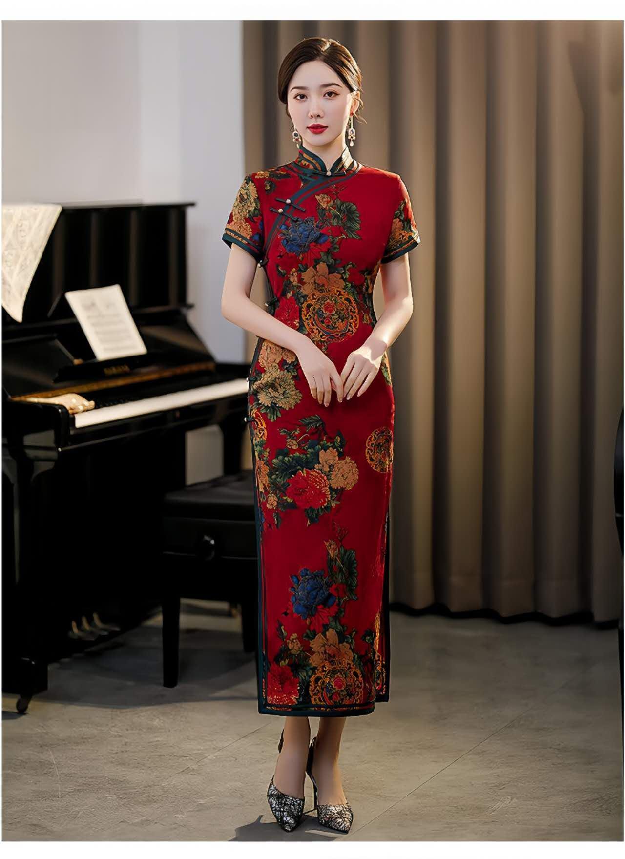 qipao elegante rojo, vestido vintage oriental, ropa cheongsam fiesta, Vestido Vintage Elegante para Té, regalo madre elegante, retro