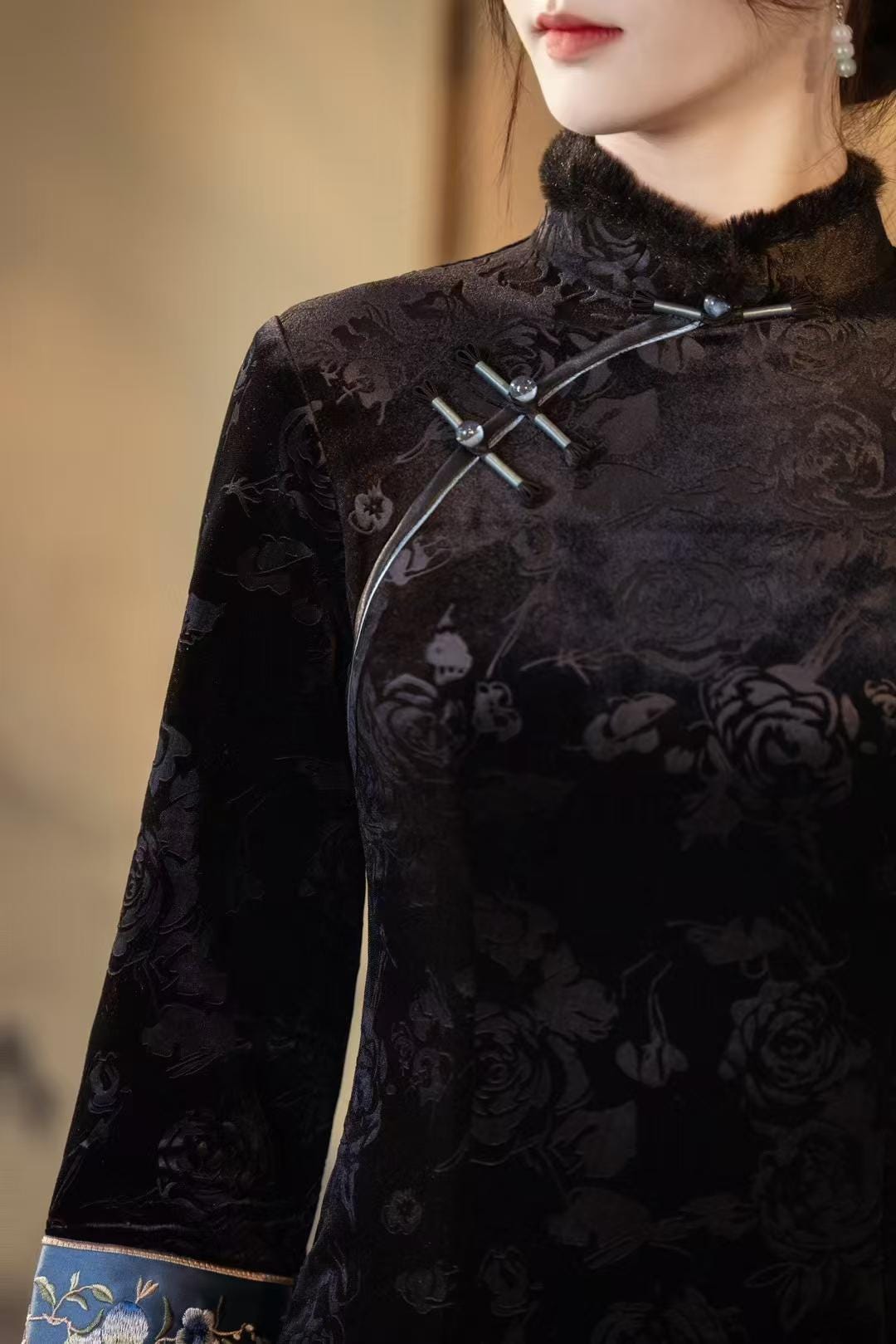 Pink Black Velvet Qipao, Fleece Lined Cheongsam, Elegant Chinese Dress, Gothic Oriental Evening Costume, Vintage Luxury Dress