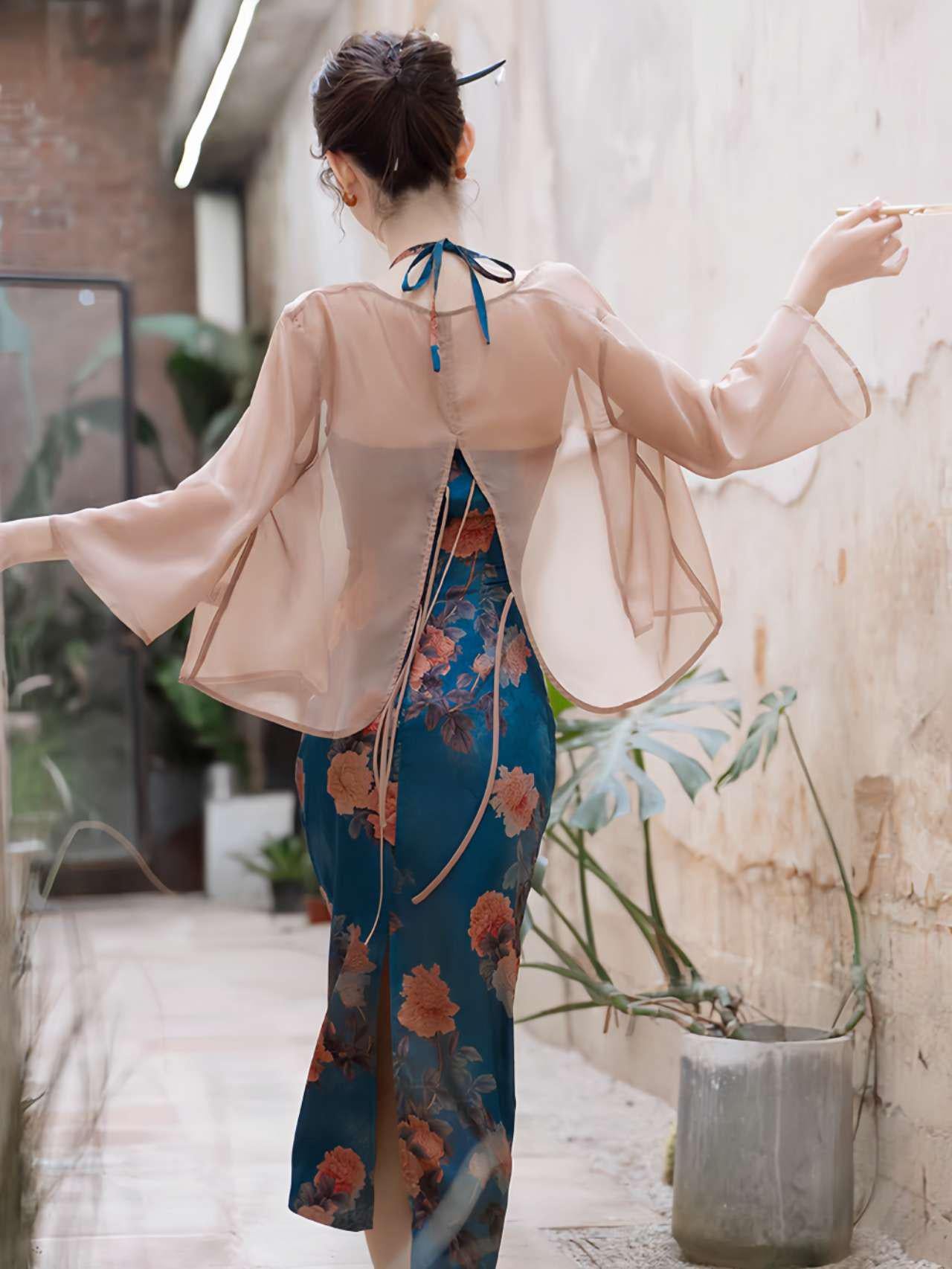 Dos Piezas Floral Qipao,  Retro Asiático Halter Vestido, Clásico Floral Vestido Chino,Azul Cheongsam Vestido Conjunto,Verano Vintage Vestido