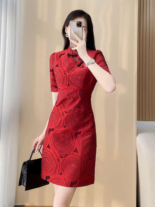 Qipao Rosa Sexy, Cheongsam Corto Rojo, Vestido Floral Moderno, Mini Vestido Chino, Elegante Qipao,Vestido Estilo Vintage,San Valentín,regalo