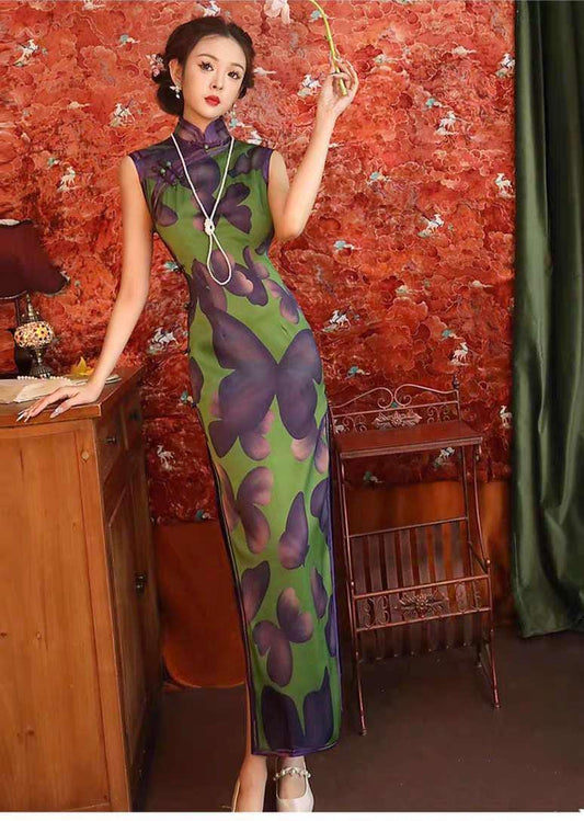 Vestido Qipao Mariposa, Vestido Cheongsam Verde, Vestido Estilo Asiático Vintage,  Qipao Primavera Verano, Vestido Vintage Elegante para Té