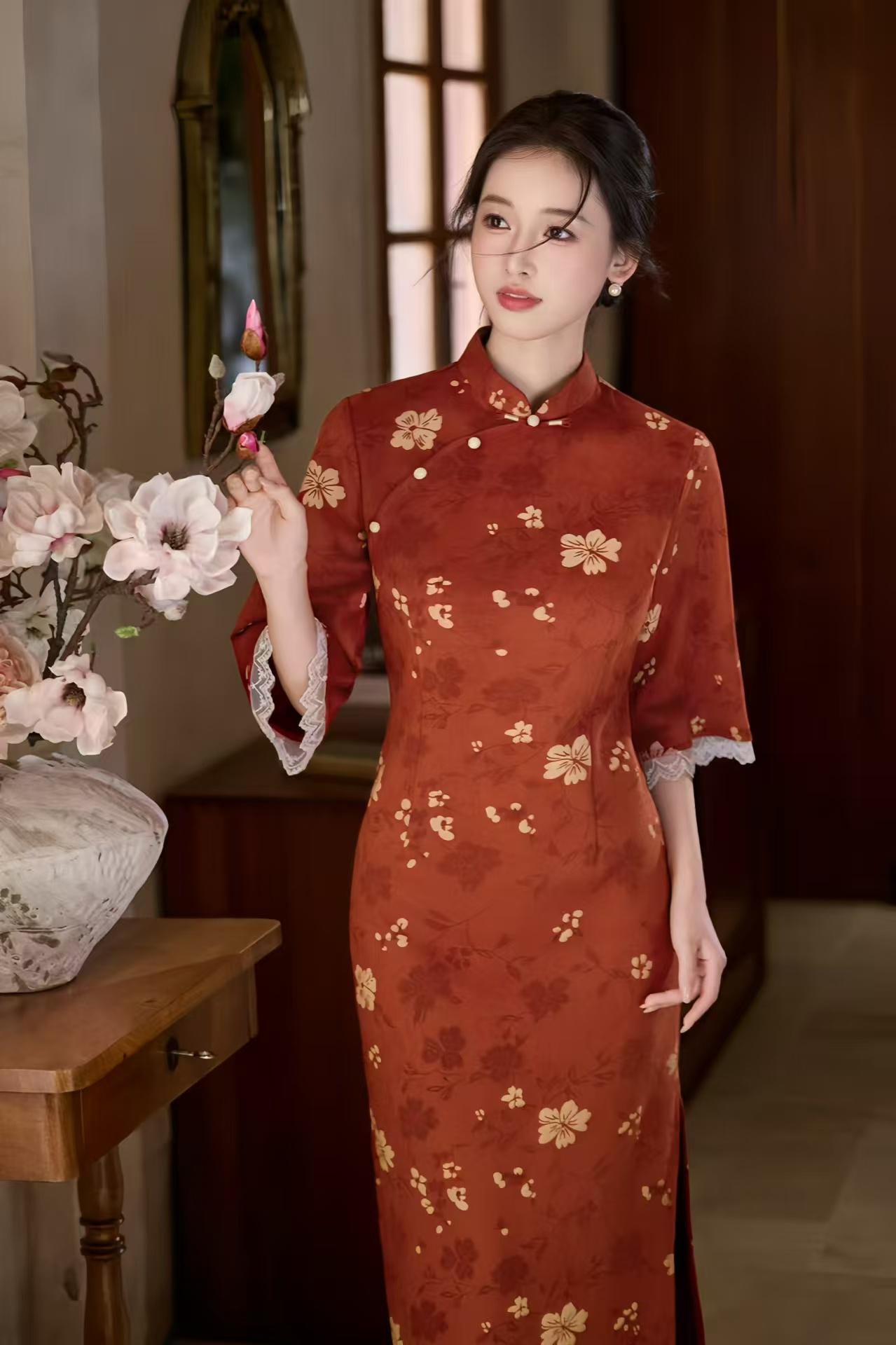 Vestido Qipao Rojo Vintage, Vestido Cheongsam de Ante, Elegante Vestido Midi Floral, Traje de Fiesta Estilo Chino, Cheongsam Otoño Invierno