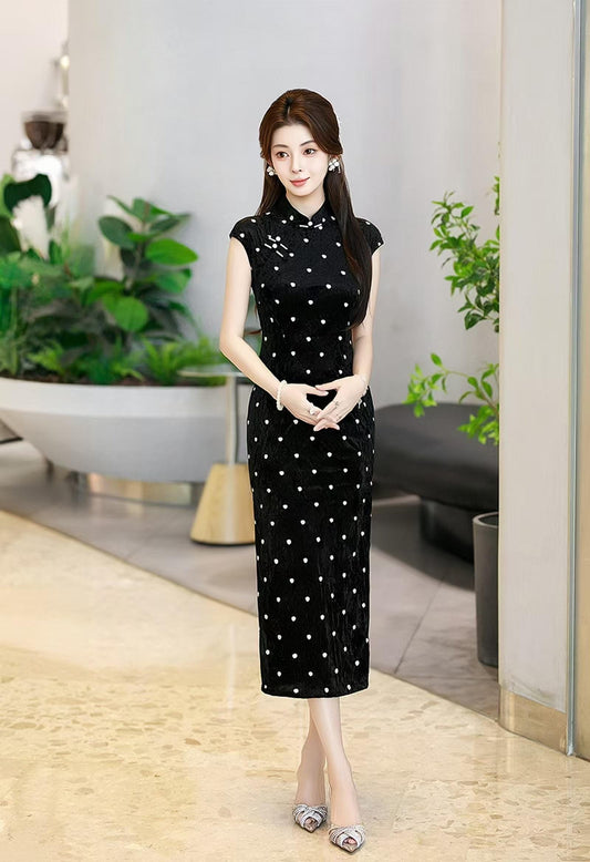 Qipao de terciopelo negro con lunares, Vestido chino, Cheongsam largo elegante, Vestido de fiesta asiático vintage, formal, Ceremonia del Té