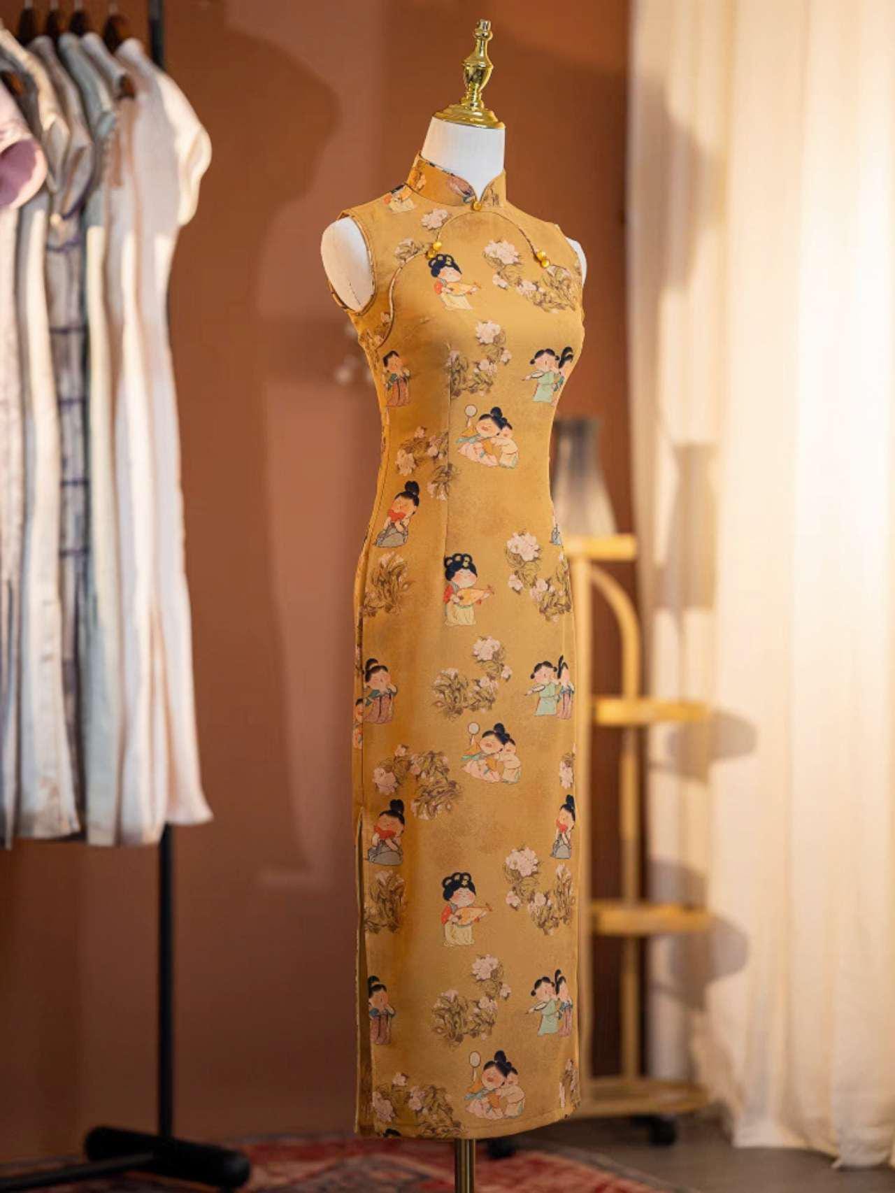 vestido cheongsam retro, qipao largo con dibujos chinos,vestido artístico estilo vintage, regalo para mamá,Vestido Vintage Elegante para Té