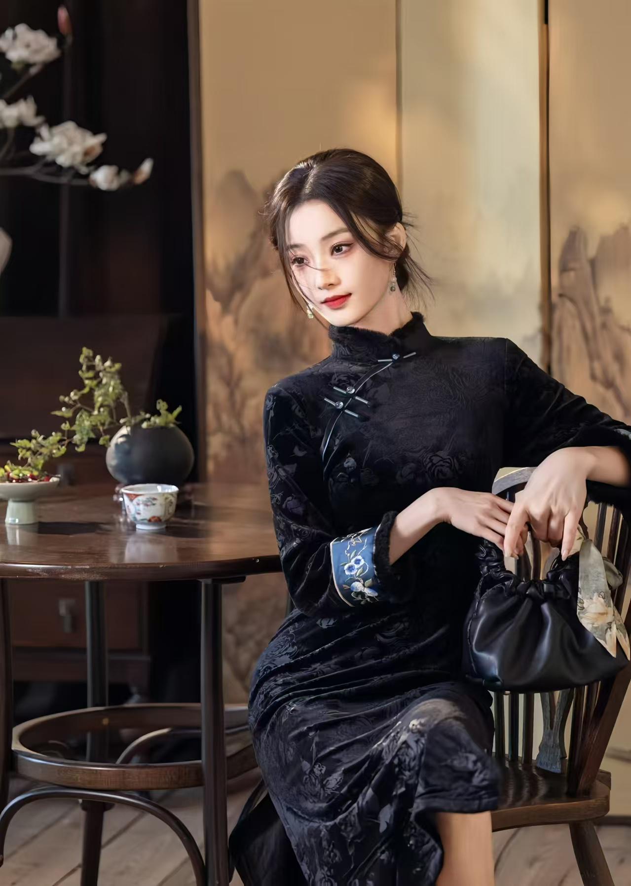 Pink Black Velvet Qipao, Fleece Lined Cheongsam, Elegant Chinese Dress, Gothic Oriental Evening Costume, Vintage Luxury Dress