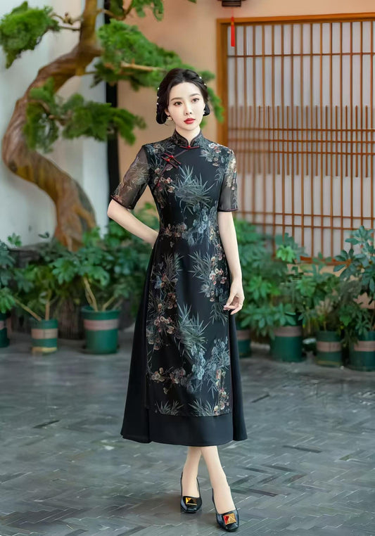 Vestido AoDai Qipao, Cheongsam Floral Oriental, Elegante Vietnamita, Chino Moderno, Mangas Transparentes,Cultural Asiático,Flores de Bambú