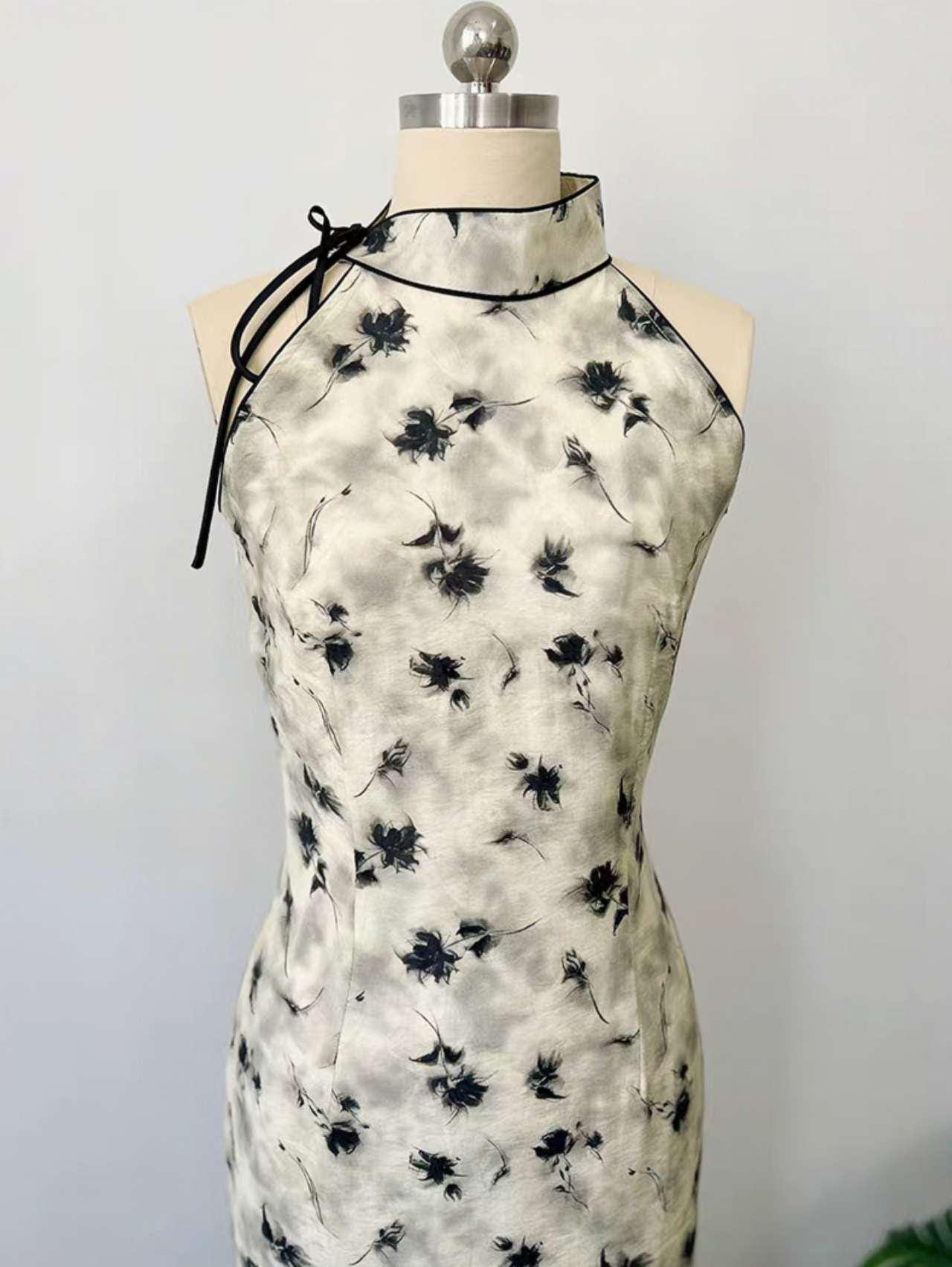 Cuello Halter Qipao, Vestido Floral Negro, Cheongsam Chino Moderno, Vestido Oriental Retro, Qipao de Verano, Vestido de Fiesta de Té, regalo