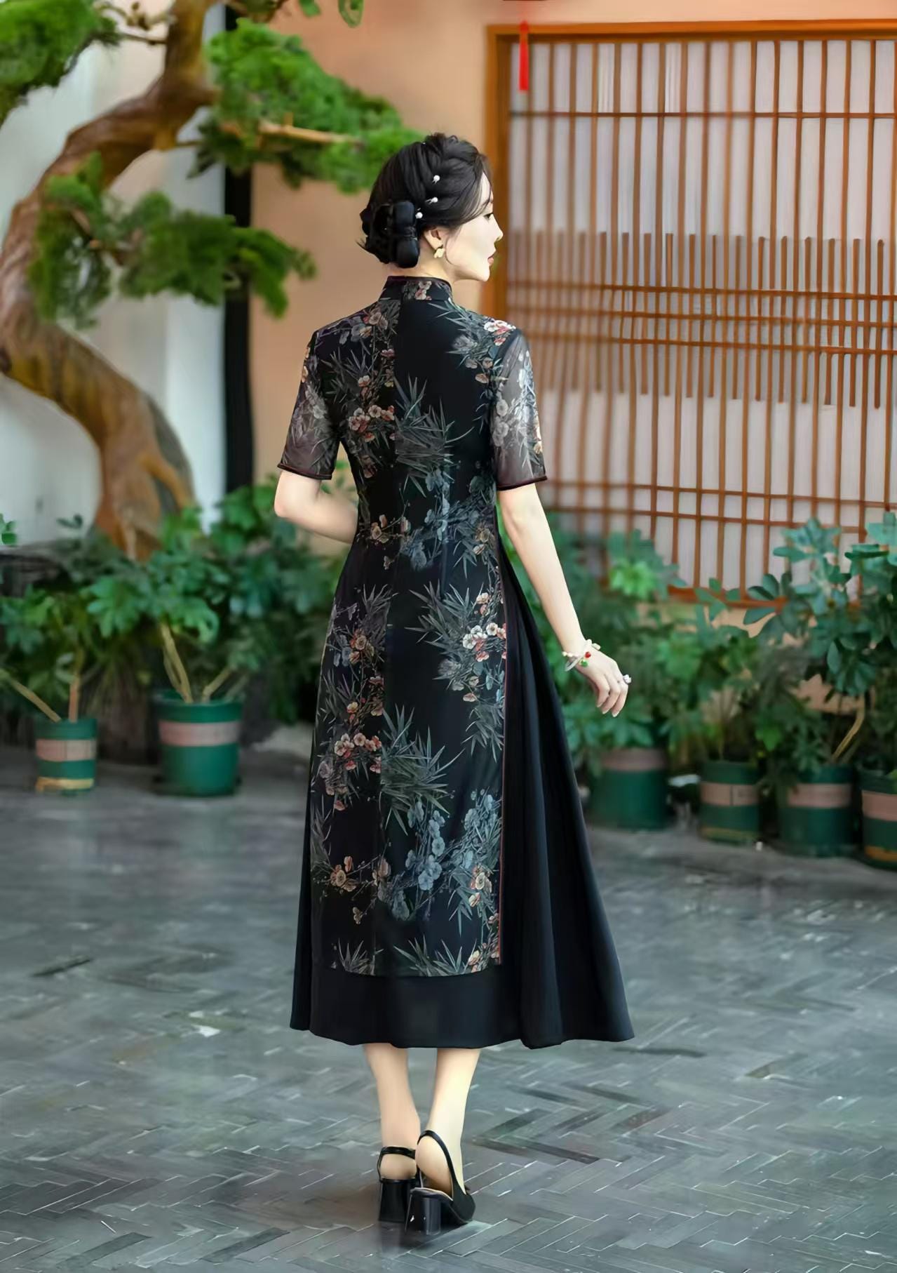 Vestido AoDai Qipao, Cheongsam Floral Oriental, Elegante Vietnamita, Chino Moderno, Mangas Transparentes,Cultural Asiático,Flores de Bambú