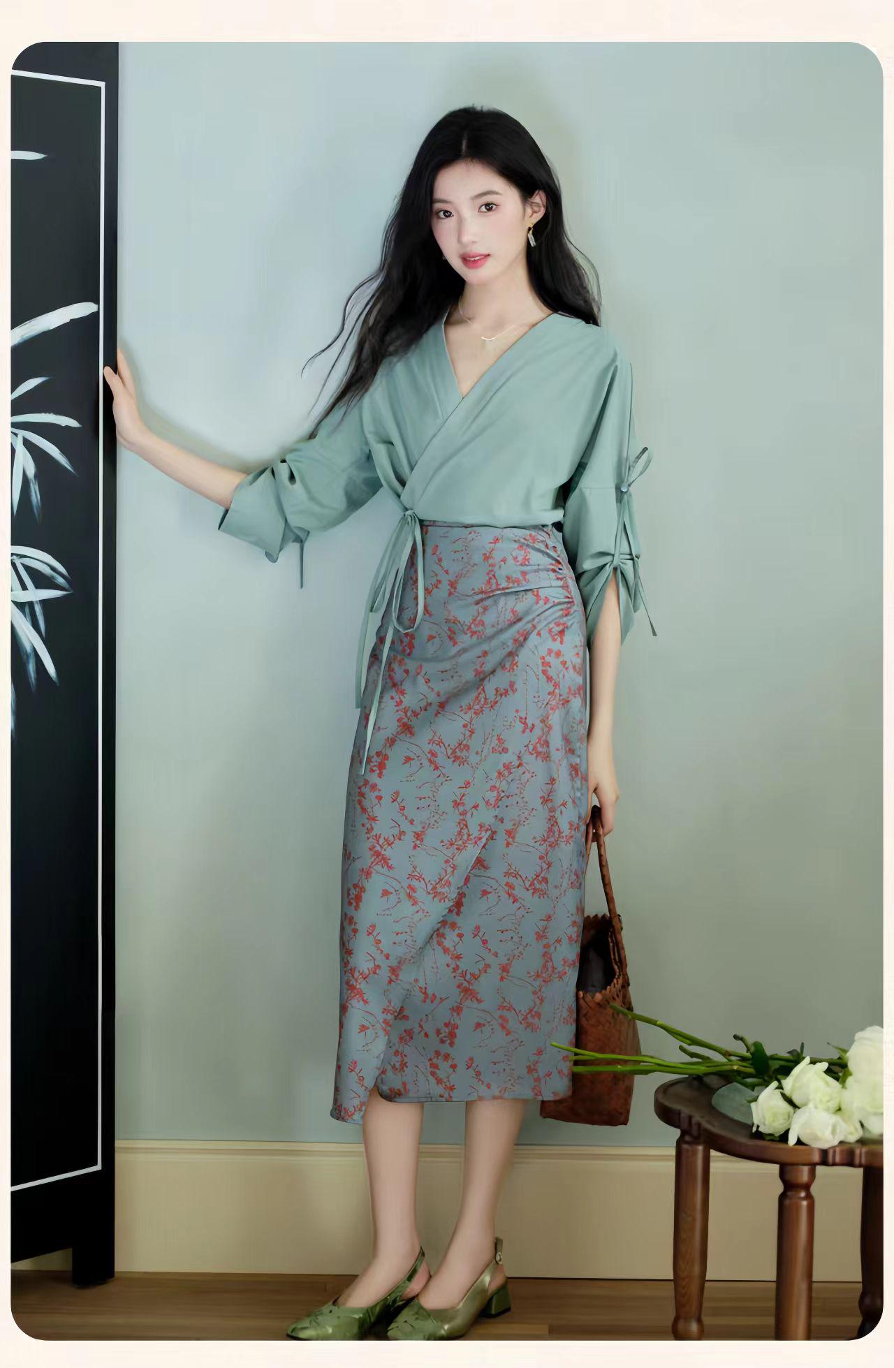 Elegante conjunto de falda y top verde, traje de dos piezas inspirado en el Qipao,conjunto de estilo chino vintage,ropa de oficina cultural