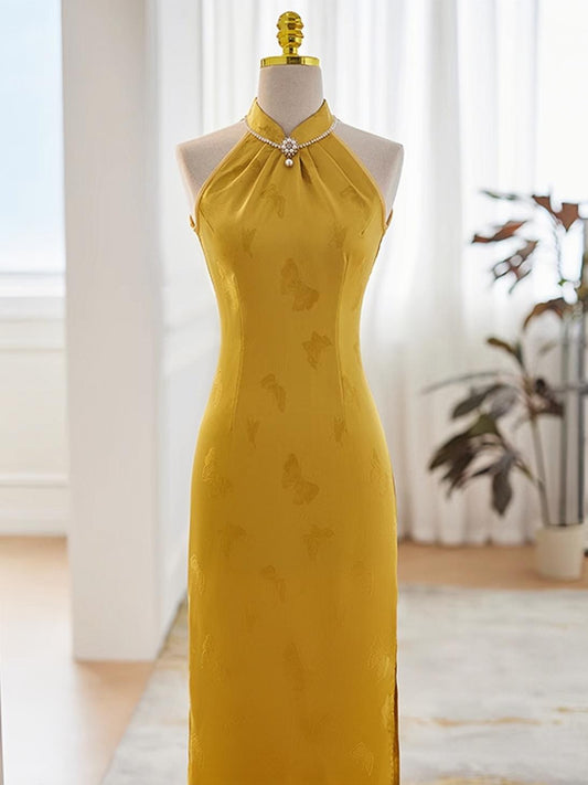 Cuello Halter Vestido Cheongsam, Sexy Amarillo Vestido Qipao, Vintage Vestido Chino,tallas grandes S a 5XL, Halter Vestido,regalo para ella