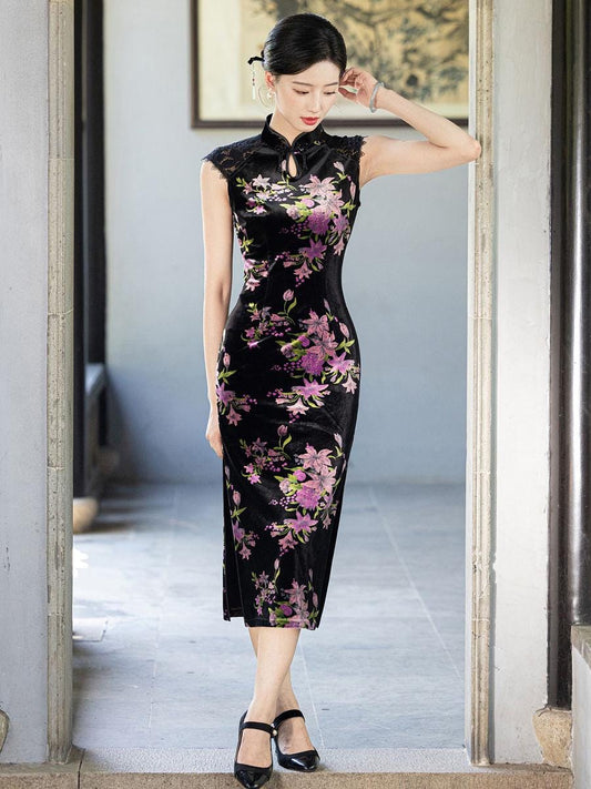 Vestido Qipao Elegante con Flores, Cheongsam vintage negro/morado, Qipao Chic para Té, Tallas grandes M-5XL, Regalo para Ella negro/morado