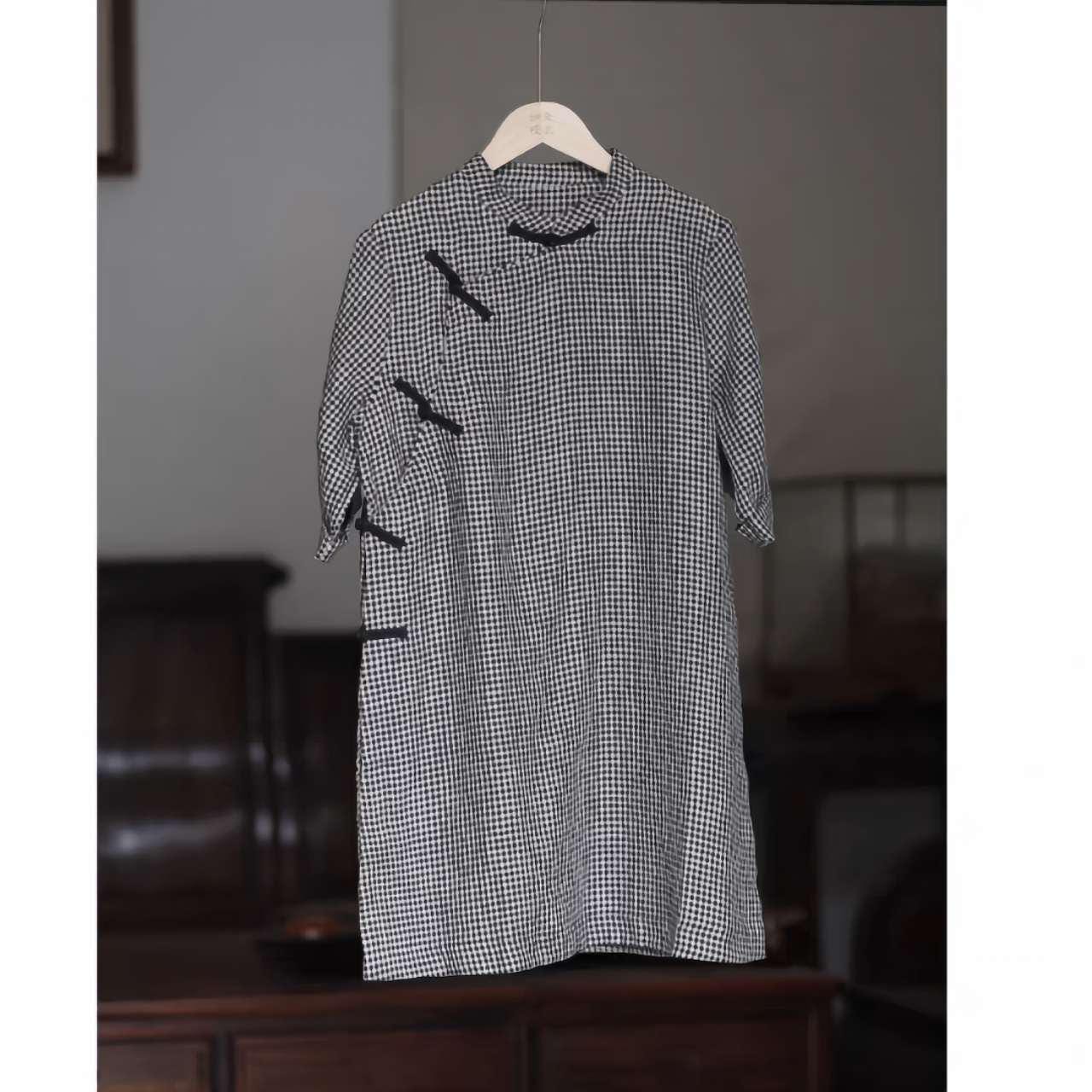 Camisa china a cuadros, Top Hanfu de lino, Blusa retro, Camisa Zen Guinga, Camisa Cheongsam minimalista, Top para la ceremonia del té