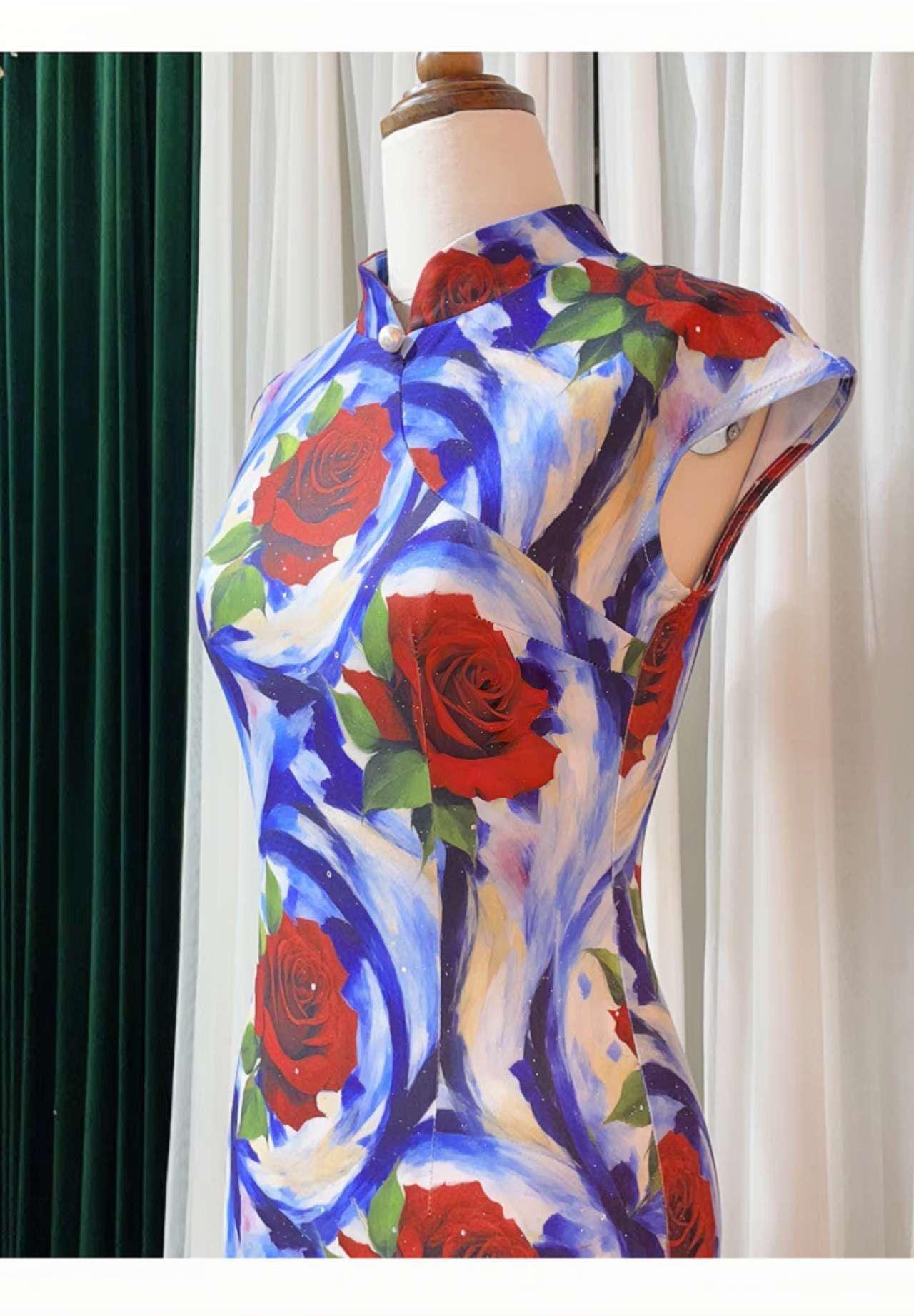 Vestido Qipao Estampado Rosa, Cheongsam Chino Floral,Vestido Rosa Rojo Abstracto, Qipao Moderno para Fiesta,Vestido Oriental Largo Azul Rojo