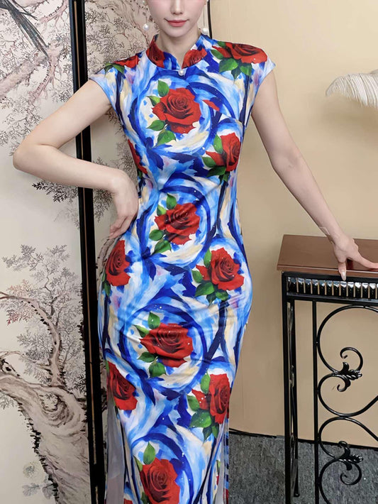 Vestido Qipao Estampado Rosa, Cheongsam Chino Floral,Vestido Rosa Rojo Abstracto, Qipao Moderno para Fiesta,Vestido Oriental Largo Azul Rojo