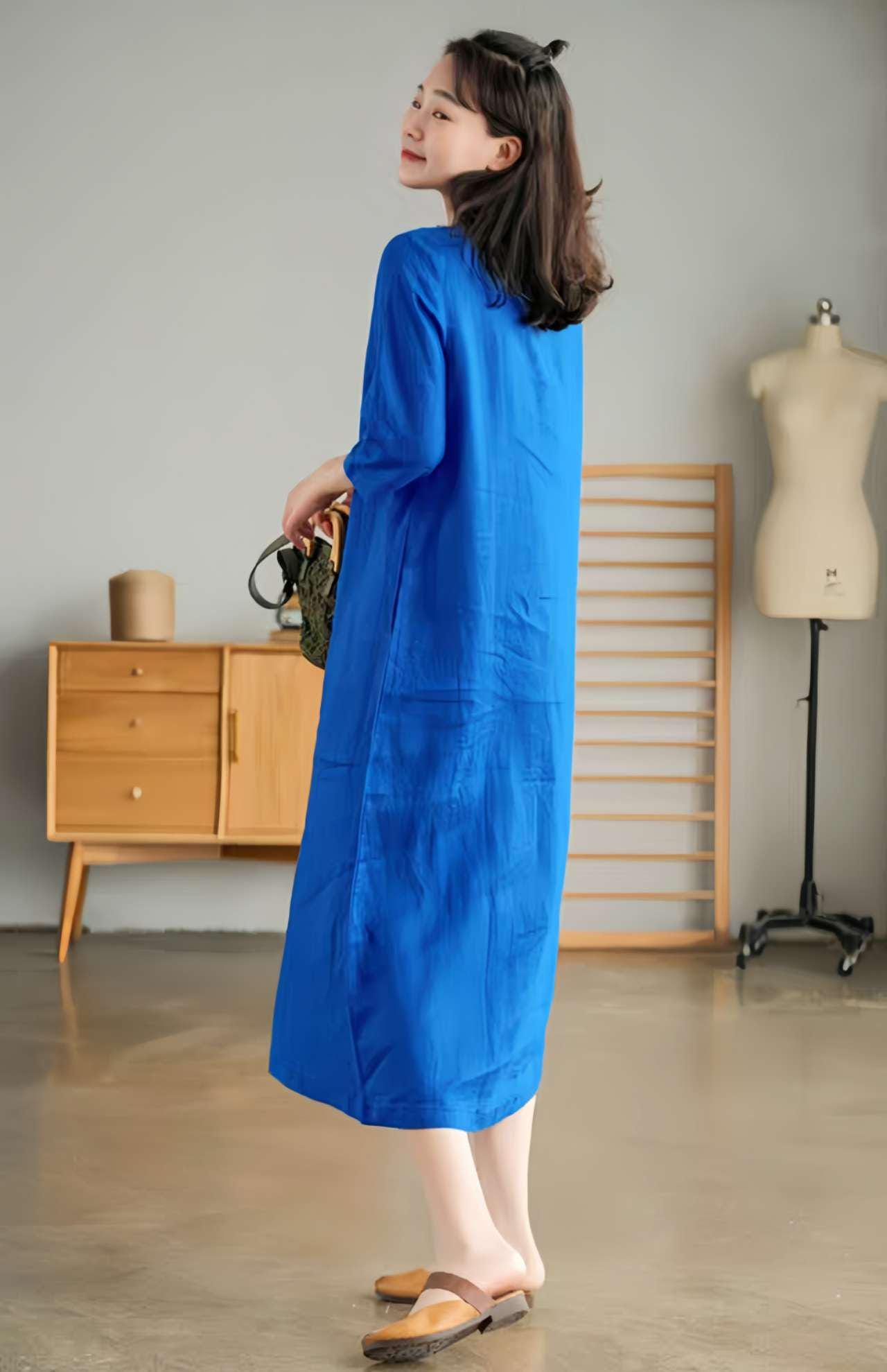 Vestido Plisado de Lino, Vestido Japandi Cuello en V, Ropa Estilo Zen Mori, Vestido de Tejido Natural, Vestido Suelto, Inspiración Japonesa