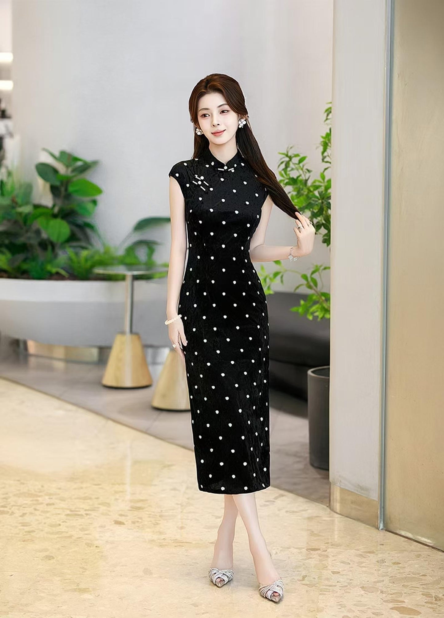 Qipao de terciopelo negro con lunares, Vestido chino, Cheongsam largo elegante, Vestido de fiesta asiático vintage, formal, Ceremonia del Té