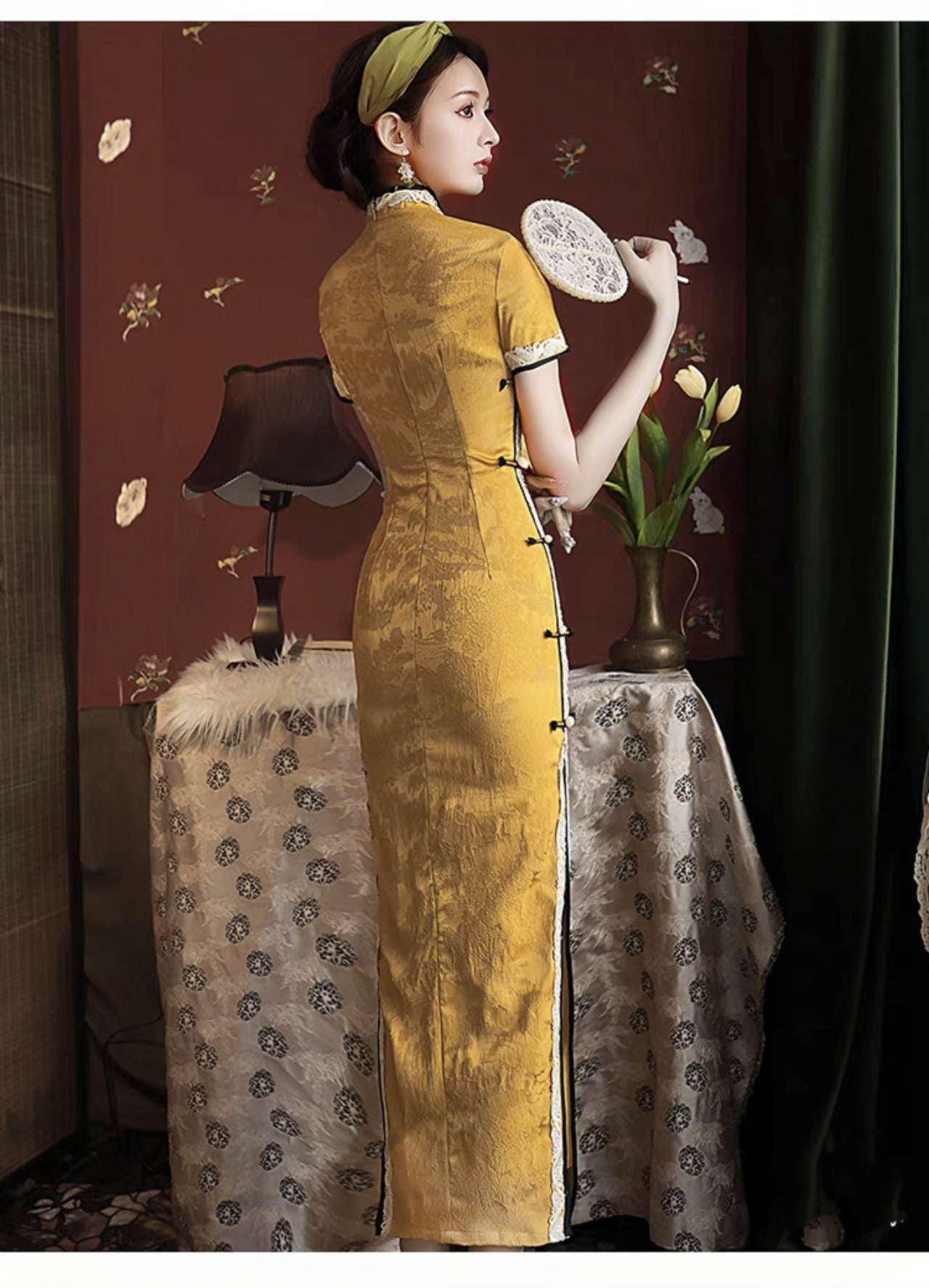 Vestido Qipao Dorado, Elegante Cheongsam Chino, Vestido Retro Largo, Vestido Cultural de Té Amarillo, Vestido Formal de Fiesta Asiático