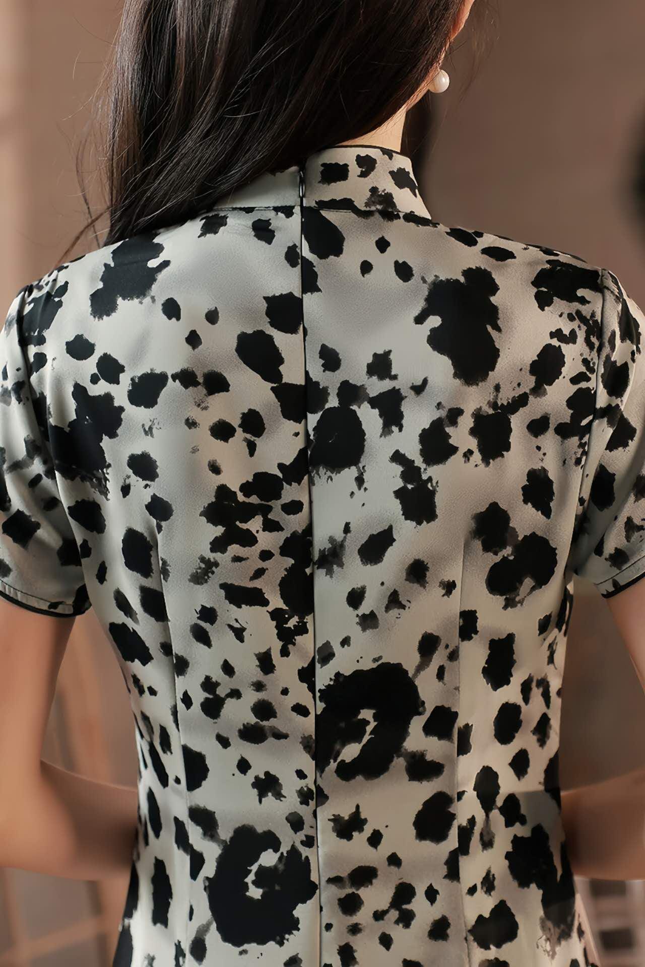 Qipao de raso con estampado de tinta, Cheongsam moderno, Qipao de leopardo blanco y negro, Vestido retro chino de verano,Vestido informal