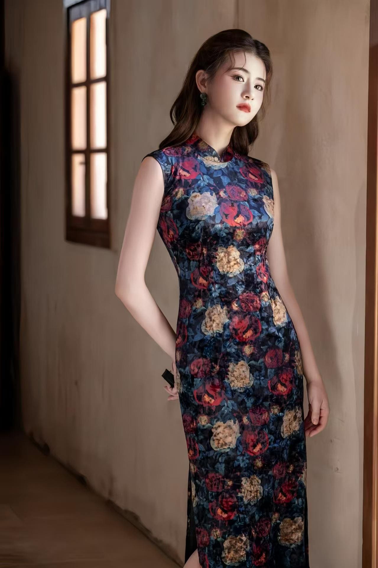 Velvet Qipao Dress, Chinese Cheongsam Dress, Vintage Floral Midi Dress, Elegant Autumn Party Dress, Sleeveless Oriental Dress