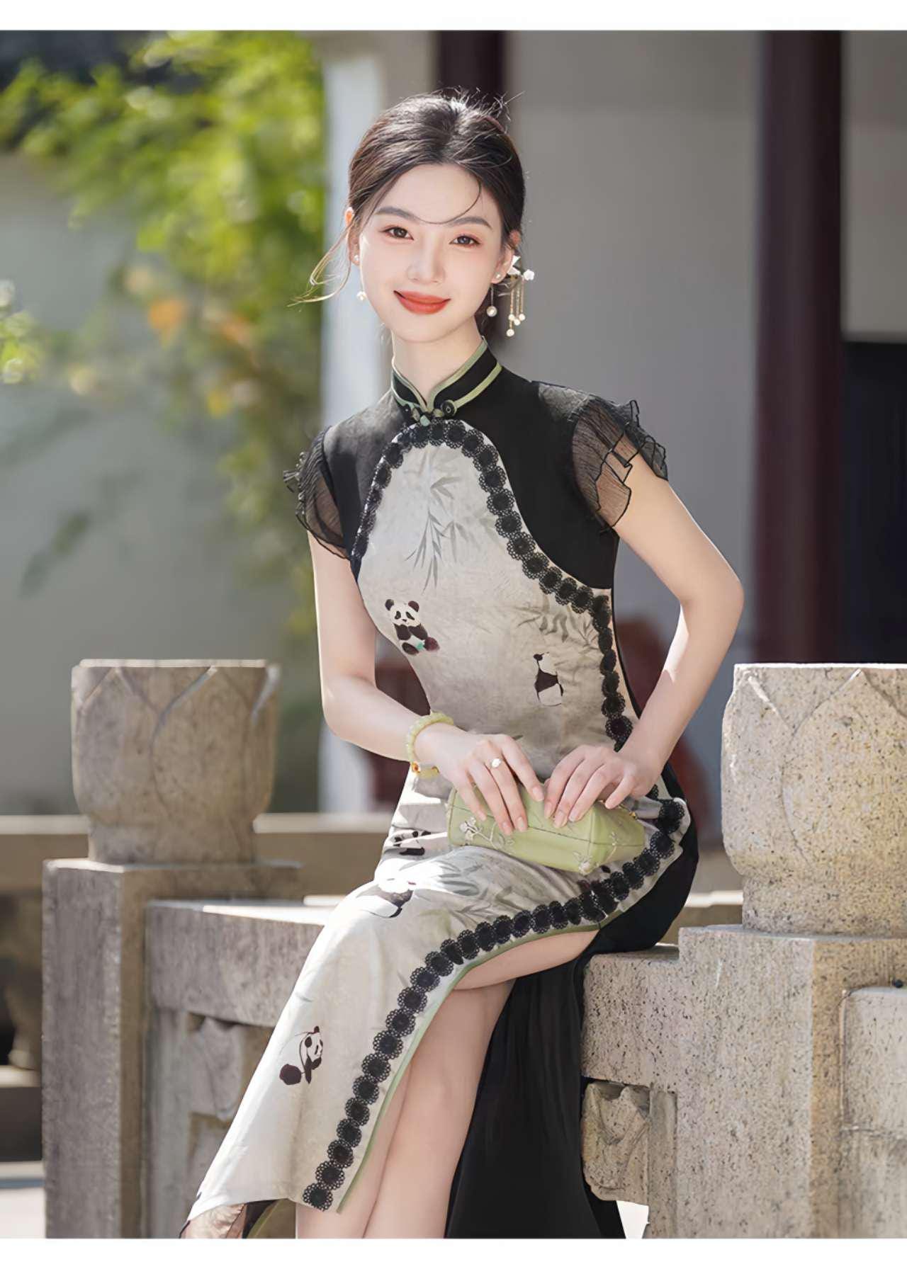 Elegante vestido de panda, Vestido de verano de estilo asiático, Qipao de manga fluida, Qipao con estampado de animales, regalo para ella