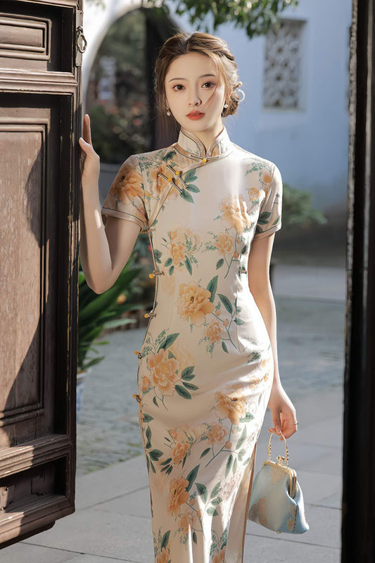 Vestido Qipao Floral, Cheongsam de Seda Suave, Vestido de Jardín de Verano, Vestido Vintage,Qipao de Peonía Amarilla,Vestido Oriental Ligero