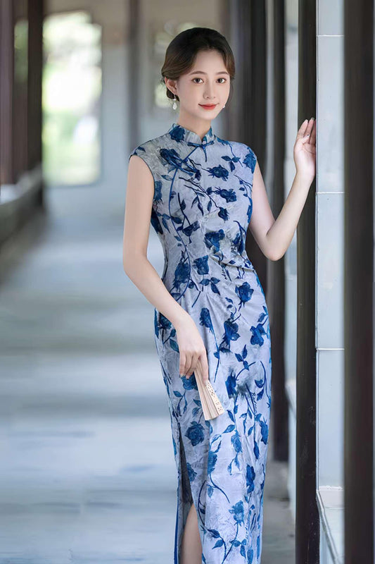 Vestido Qipao Jacquard Floral, Elegante Cheongsam Azul, Vestido Chino Vintage, Vestido Clásico, Oriental Moderno, Vestido Retro Azul Claro
