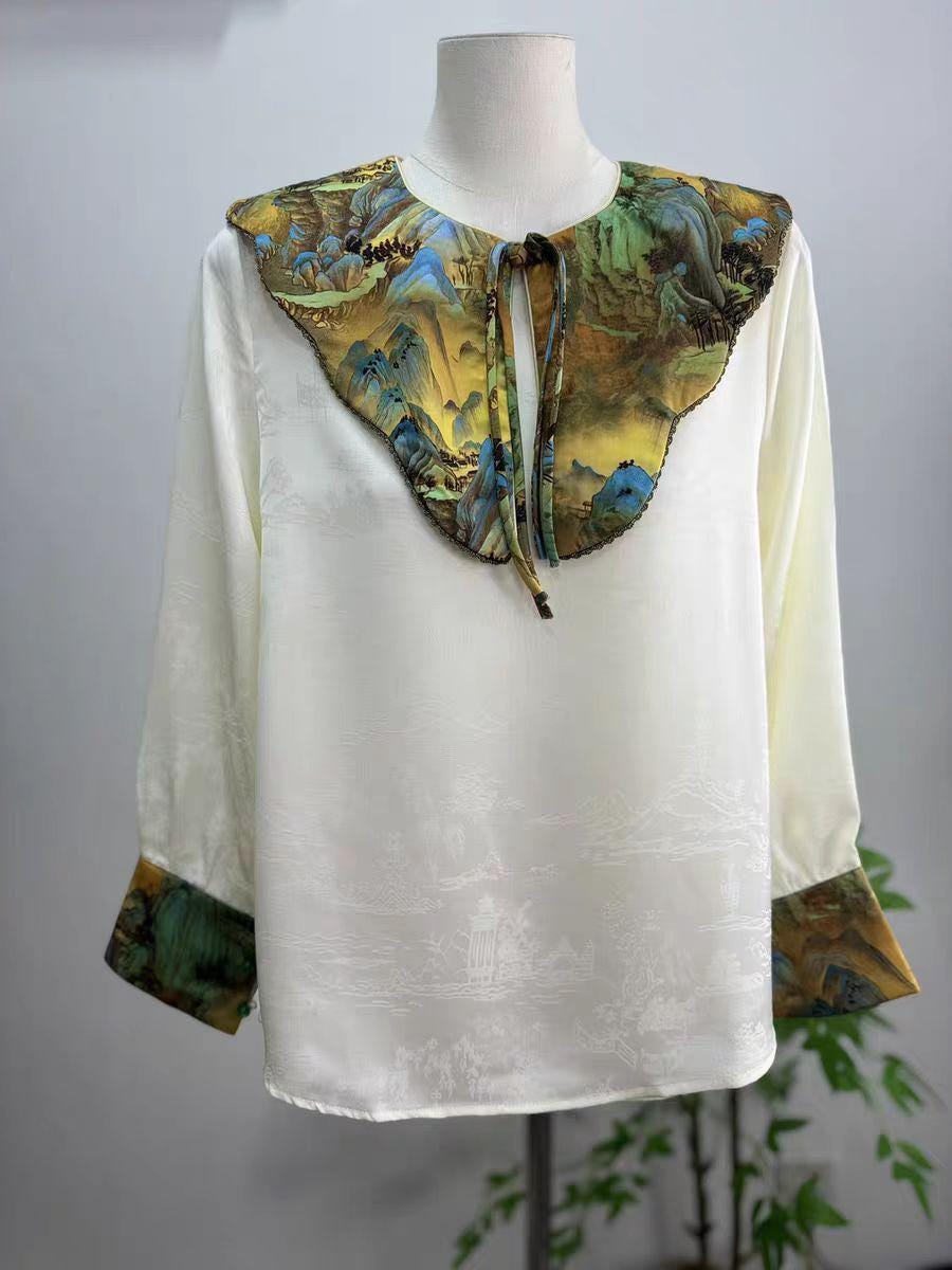 Vintage Chinese Cloud Collar Blouse, Jacquard Satin Oriental Shirt, Tang Dynasty Inspired Retro Top, Ethnic Costume Shirt