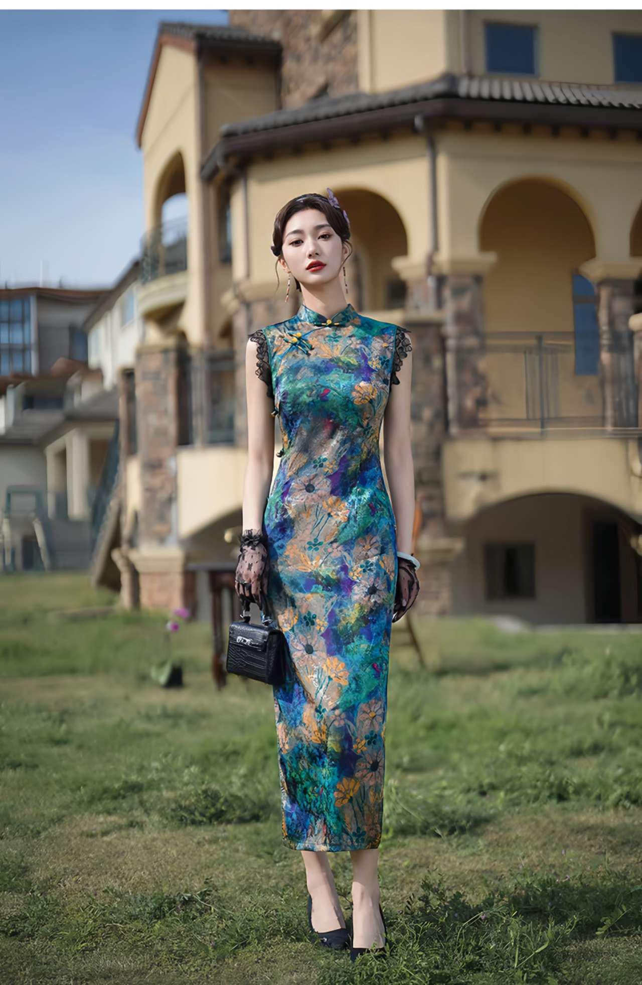 Vestido Qipao Chino Vintage, Cheongsam Largo Elegante, Ropa Tradicional Oriental, Vestido Asiático Hecho a Mano,Moda Retro, Vestido para Té
