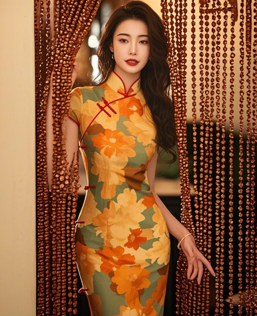 Qipao Chino Elegante – Vestido Tradicional Cheongsam con Estampado Floral, Ajustado Vintage,Ajustado Vintage, Cuello Mandarín