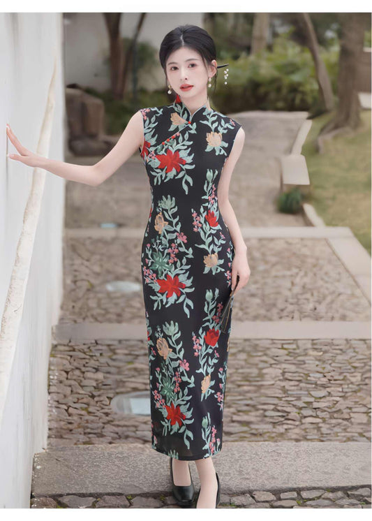Qipao Floral Negro, Vestido Cheongsam Retro, Elegante Vestido de Noche, Vestido de Verano, Traje de Boda Cultural, Vestido Vintage  para Té