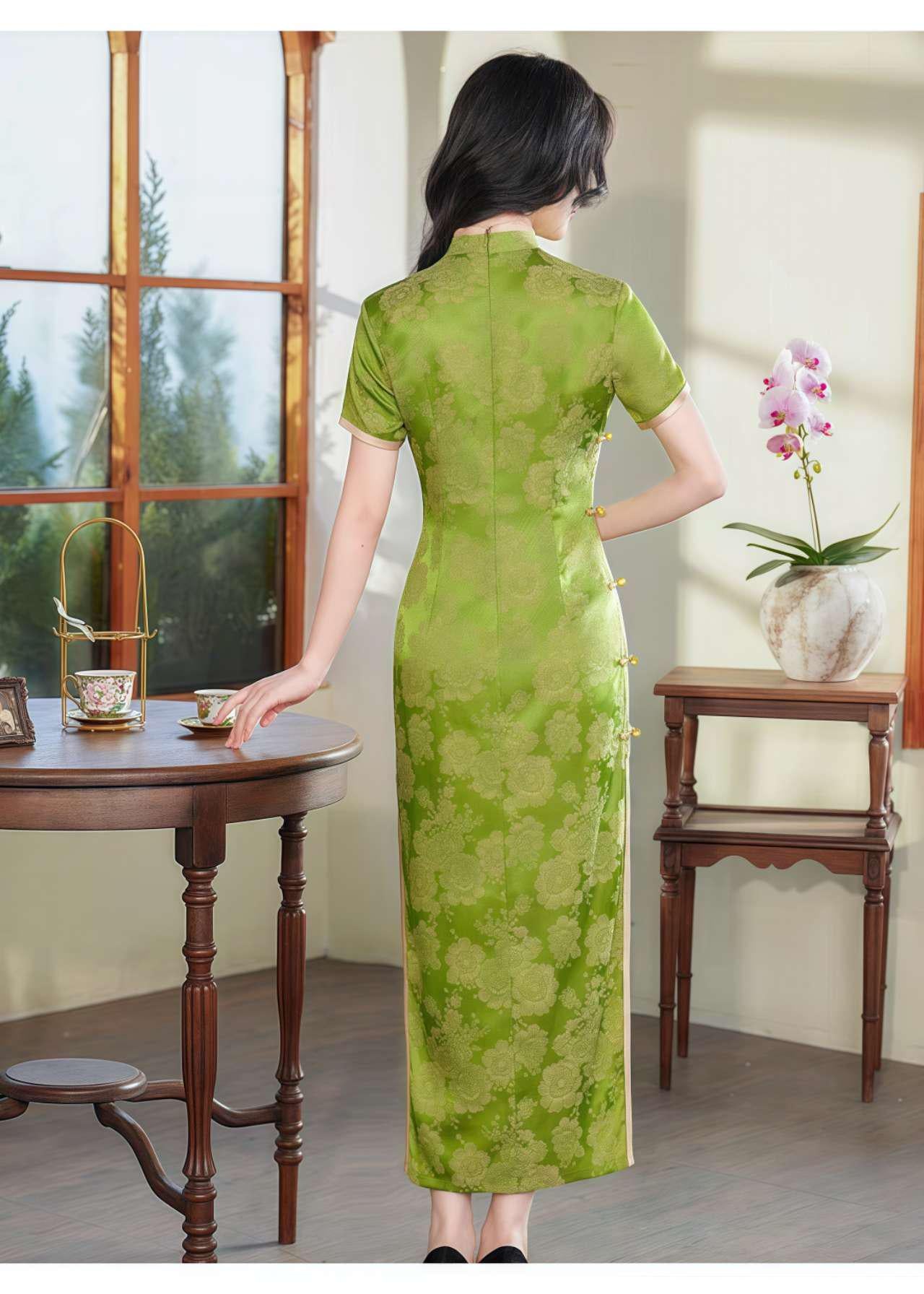 Green Brocade Qipao, Elegant Cheongsam, Spring Summer Qipao, Oriental Formal Dress, Vintage, Wedding Guest Cheongsam, Tea Ceremony